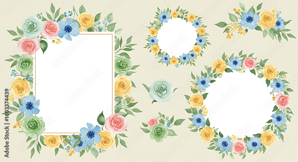 Obraz premium Watercolor floral frames and elements with soft pastel colors