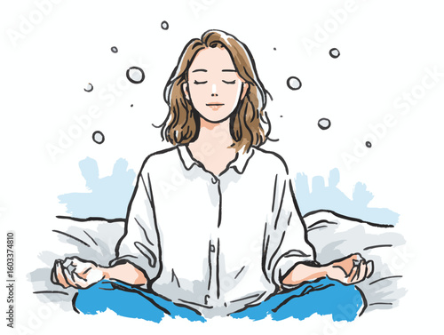 Meditating young woman with closed eyes in a bright bedroom setting, surrounded by soft textures and calming colors, relaxation concept of wellness center or yoga studio