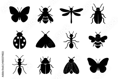 Silhouette collection of insect icons featuring butterflies, bees, and ants