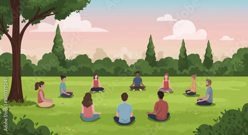 Plus-size woman practicing yoga in park under blue sky  