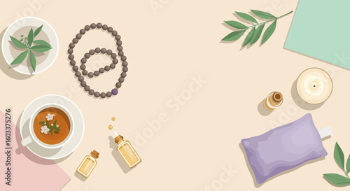 Calm workspace with tea, essential oils, prayer beads, and candle 