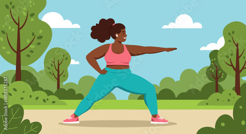 Plus-size woman practicing yoga in park under blue sky  