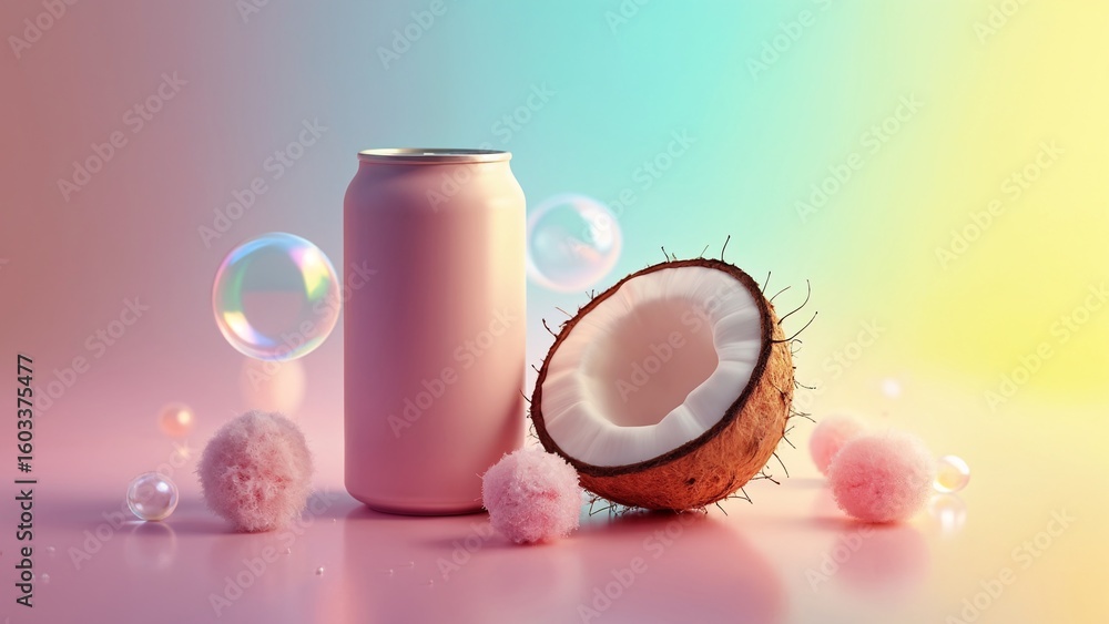 Obraz premium A can of soda next to a coconut on a pink surface.