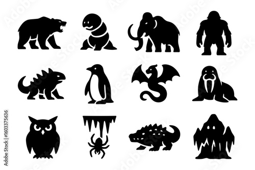 Silhouette icons of diverse creatures including prehistoric animals and mythical beasts