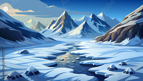 Snow-covered mountains loom over a frozen valley, where woolly mammoth footprints are faintly visible in the ice-crusted ground