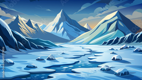 Snow-covered mountains loom over a frozen valley, where woolly mammoth footprints are faintly visible in the ice-crusted ground