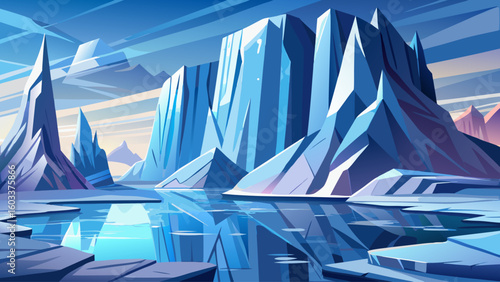 Towering ice walls rise beside a deep frozen lake, with reflections of pale sunbeams shimmering on the glossy surface