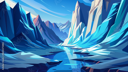 An enormous glacier slowly creeps through a canyon carved by ancient ice flows, towering walls of blue-white ice catching soft sunlight