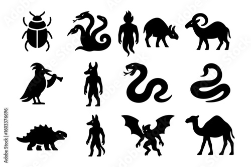 Mythical creatures silhouette set featuring legendary animals and fantasy beings