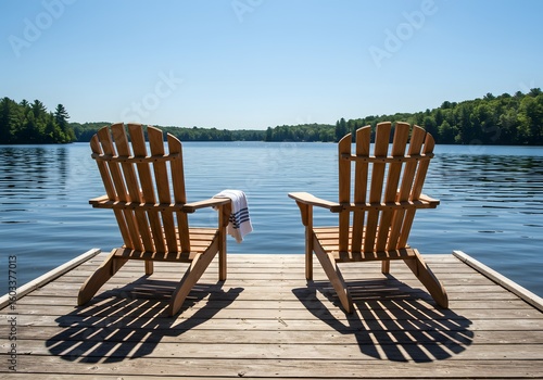 Fototapeta Naklejka Na Ścianę i Meble -  Adirondack chairs on dock overlooking lake summer vacation getaway relaxing