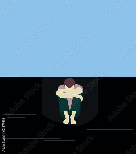 A depressed man sits alone, embracing his knees, moment of despair. Self-flagellation, paranoia anxiety fears mental health concept. Man sitting in black pit, blue sky symbolizing panic,
