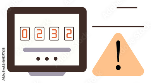 Desktop monitor displaying a numeric counter alongside a yellow warning sign with an exclamation mark. Ideal for system monitoring, cyber risk, error alerts, data tracking, caution notifications
