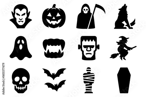 Halloween silhouette icons: ghosts, vampires, pumpkins, bats, and more