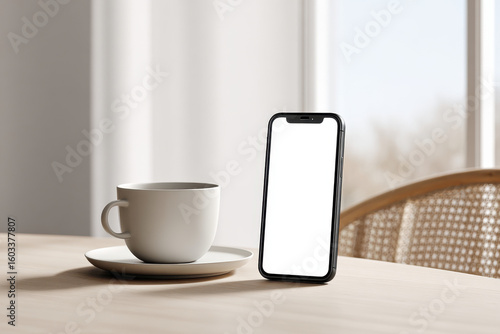 Wallpaper Mural create mockup of smartphone featured prominently in minimalist interior design emphasizing its sleek design and Torontodigital.ca