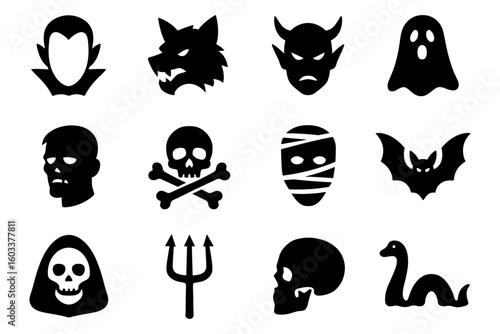 Spooky halloween silhouettes featuring monsters, ghosts, and skulls for festive decoration