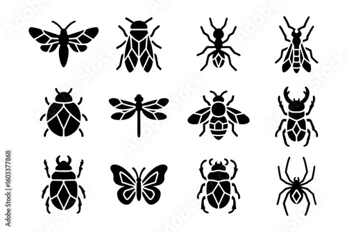 Silhouette insect icons set featuring butterflies, beetles, and ants