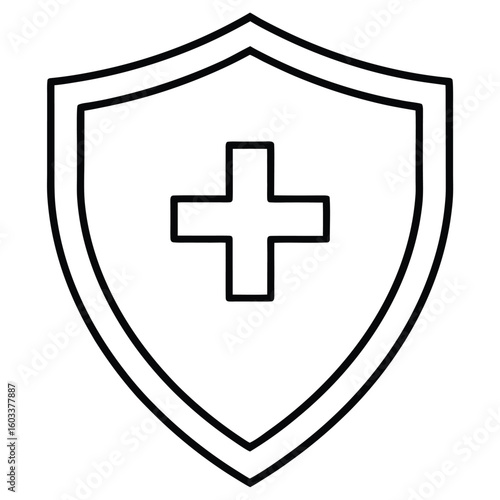 Simple outline shield with a medical cross inside symbolizing healthcare protection safety and security