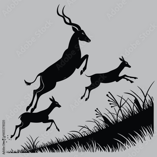 Antelope Group Leaping Together in Motion silhouette vector design art and illustration