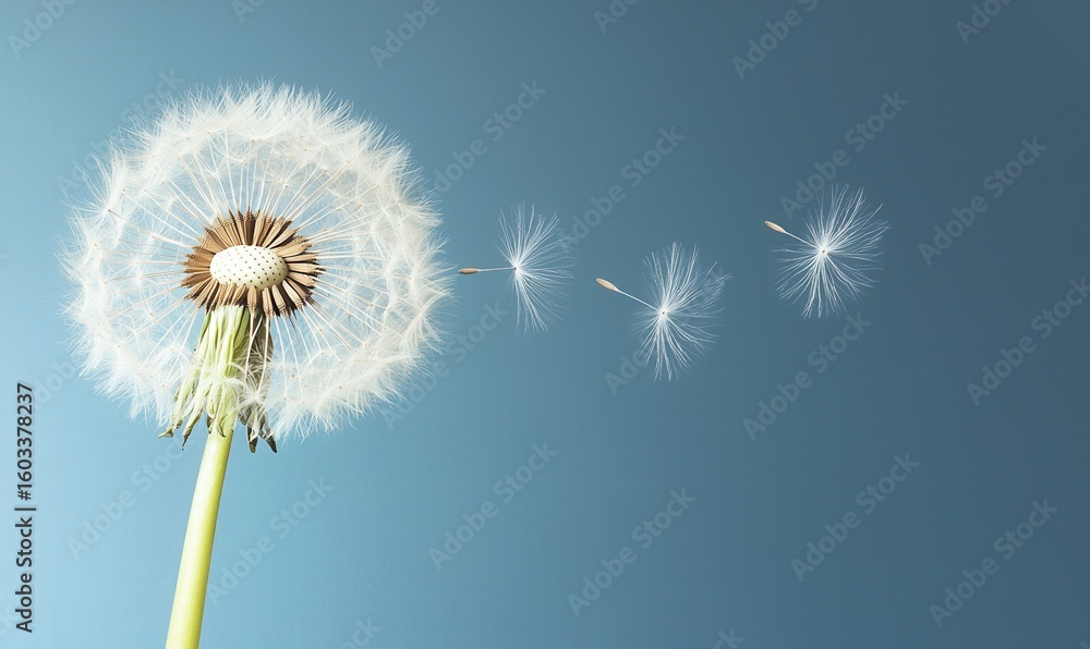 Obraz premium Dandelion dispersing seeds against blue sky, representing springtime and the power of nature