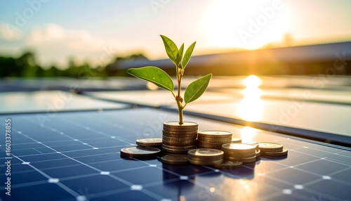 A small plant grows from coins on solar panels at sunset