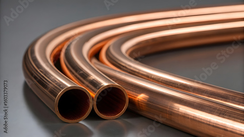 A close-up, high-resolution view of polished copper tubing, elegantly bent into smooth, flowing curves that highlight its malleable beauty and industrial craftsmanship