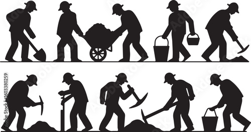 Black silhouettes of workers digging and carrying materials shoveling pickaxe