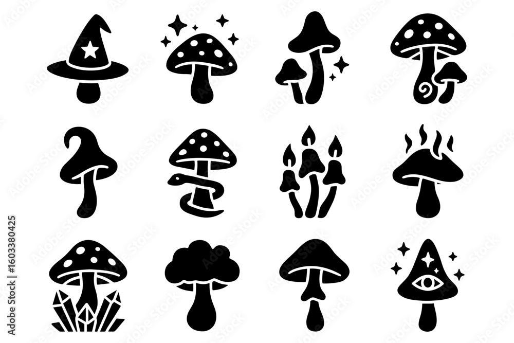 Magic mushroom silhouettes collection: enchanted and whimsical designs Magic mushroom silhouettes collection: enchanted and whimsical designs