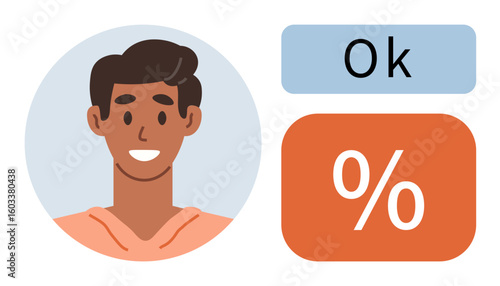 Smiling person avatar in a circular frame next to Ok text and percentage sign in contrasting boxes. Ideal for user feedback, rating, approval, communication, satisfaction, evaluation, user