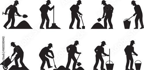 Construction workers digging and carrying materials shoveling