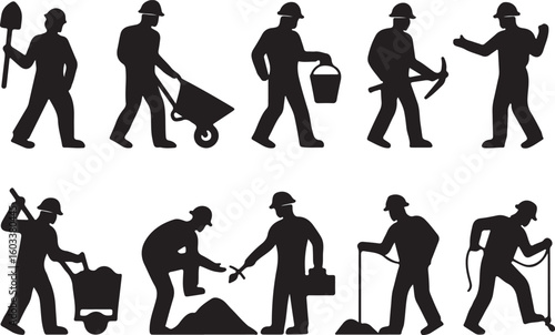 Construction workers with tools and equipment silhouettes hard hats