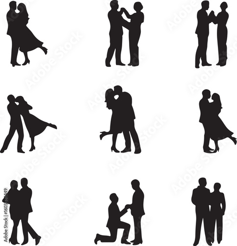 Couple silhouettes dancing embracing proposing and standing together vector