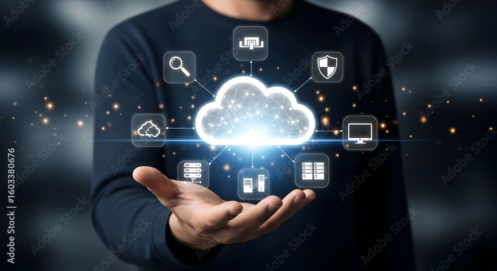 Fototapeta premium Man presenting cloud computing concept with data security icons for technology businesses