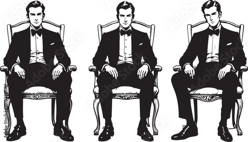 Elegant men seated in ornate chairs formal wear tuxedo