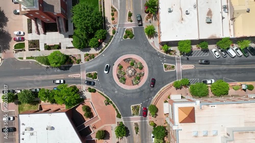 Aerial Downtown St George Utah Roundabout Orbit Overhead Spin Motion