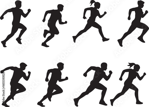 Silhouettes of athletes running in various poses male female