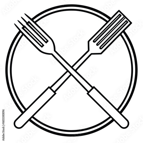 Simple black and white icon featuring two crossed forks within a circular border symbolizing dining or culinary themes