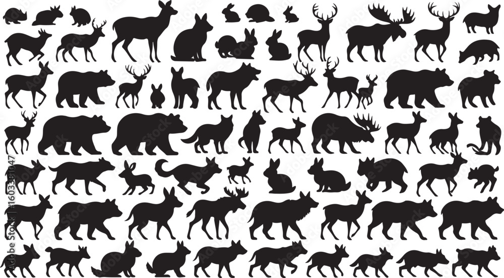 Obraz premium Wildlife silhouettes deer moose bears rabbits foxes vector