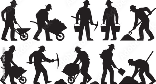 Workers digging shoveling pushing wheelbarrows construction workers pickaxe