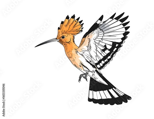 Detailed illustration of a hoopoe in flight