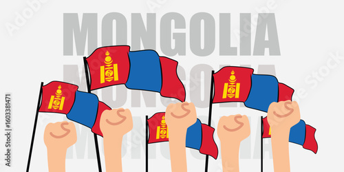hand with flag of the Mongolia or Mongolia independence day vector illustration of Mongolia flag with gray background banner or greeting card