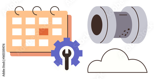 Calendar with highlighted date, gear with wrench, pipe segment, and cloud outline. Ideal for scheduling, engineering, automation, cloud storage maintenance process management and teamwork. Simple