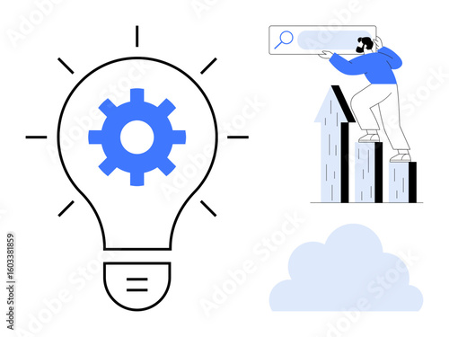 Lightbulb with gear symbolizing ideas, innovation man ascending bar graph seeking improvement, growth cloud hinting digital tools, progress. Ideal for business, strategy, creativity, innovation