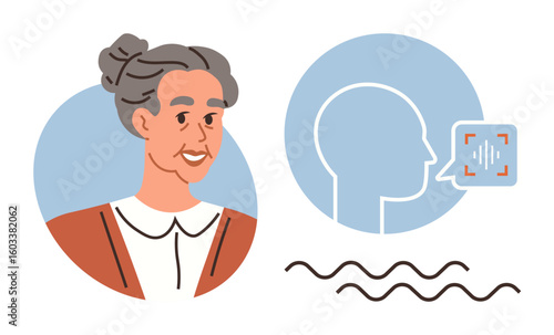 Elderly woman portrait paired with voice recognition visualization including audio waves and head profile. Ideal for communication, AI, voice tech, accessibility, assistance, innovation, healthcare