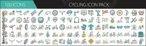 100 Cycling Icons for Biking and Equipment Design - A complete set of 100 cycling icons featuring bicycles, helmets, gears, accessories, sportswear, races, and biking tools.