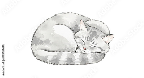 A curled up gray and white tabby cat sleeping peacefully on a black background in a watercolor style