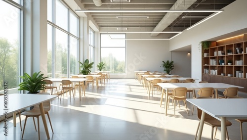 Sunlit modern cafe interior with large windows abundant natural light and minimalist wooden furniture creating a bright and airy atmosphere