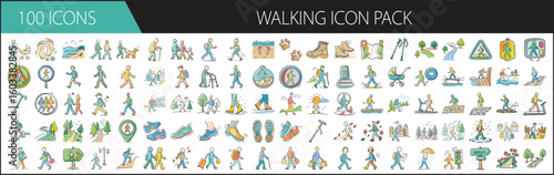 Walking Icon Pack with Fitness and Hiking Symbols - Set of 100 illustrated walking icons featuring hikers, walking people, shoes, trails, fitness tracking, nature paths, and directions.