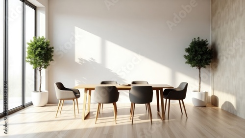 Modern dining room with a long wooden table and upholstered chairs bathed in natural sunlight streaming through large windows