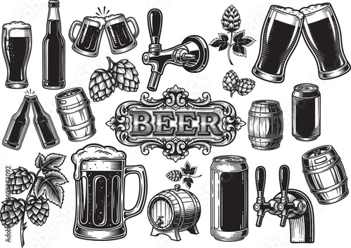 Vintage Beer Vector Illustration Set with Hops, Barrels and Glasses
