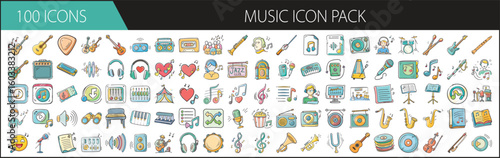 Music Icon Pack with 100 Colorful Vector Elements - Vibrant music icon collection featuring instruments, headphones, notes, singers, sound equipment, concerts, and audio symbols in cartoon style. 